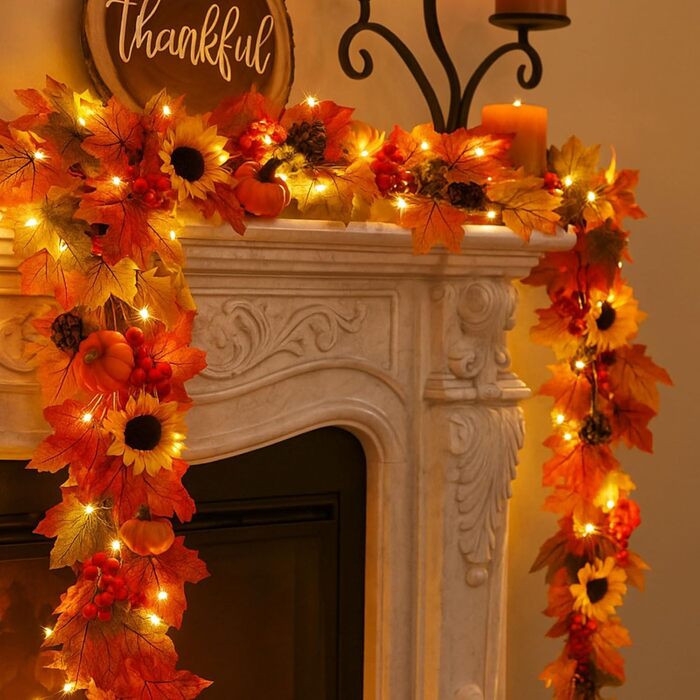 Гірлянда з листя клена для осіннього декору: 3м, 30 LED, для дому та вулиці