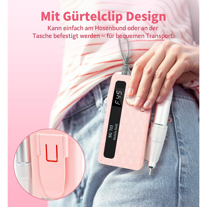 Електричний фрезер для нігтів Ziweo з LED дисплеєм, 45000 об/хв, для манікюру та педикюру, для гелю, акрилу, акригелю, Shellac