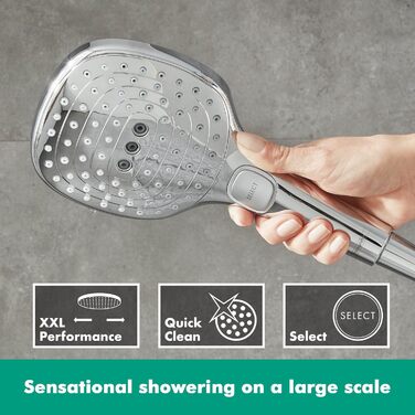 Hansgrohe Raindance Select E - water-saving showerhead 9 l/min (EcoSmart), handheld shower with 3 spray patterns, square shower head (120 x 120 mm), water-saving showerhead with anti-limescale function, Chrome, 26521000