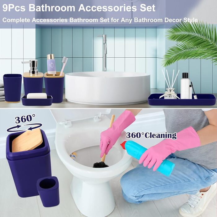 Набір аксесуарів для ванної кімнати, 9 предметів, морської синій колір. Включає: смітник, тримач для зубних щіток, стакан для зубних щіток, диспенсер для мила/лосьйону, тумбочка, мильниця, щітка для унітазу, тримач для ватних паличок.