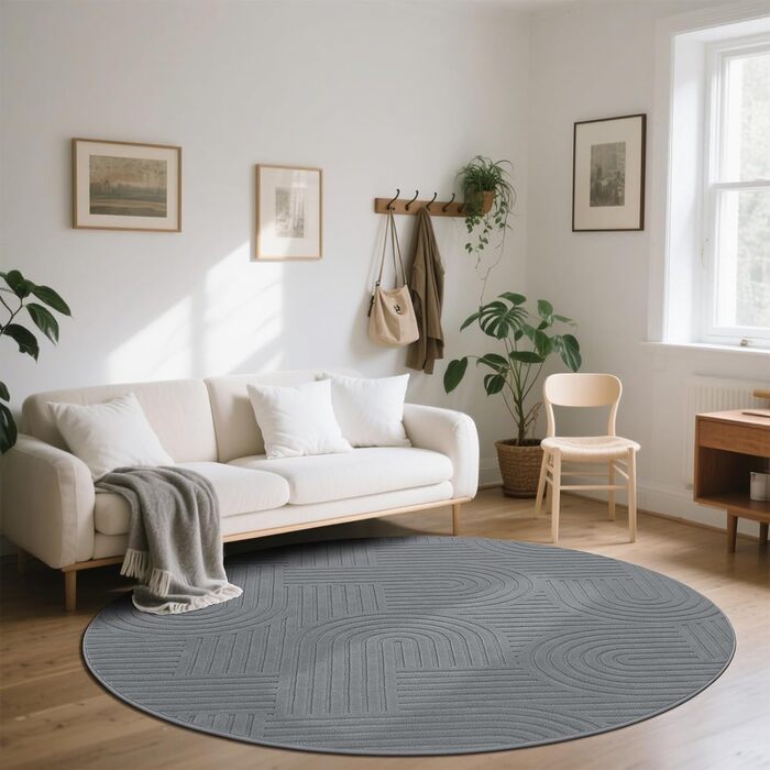 Килим для вітальні 160x230 см, великий пухнастий з коротким ворсом, миючий, сучасний, з 3D ефектом, нековзний, для їдальні, кухні, спальні (200 см круглий, сірий)