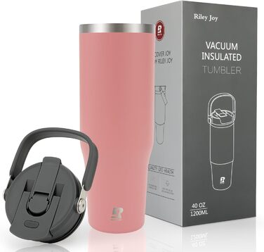Термокружка-пляшка Riley Joy 2.0 з нержавіючої сталі 1л з трубочкою та ручкою - для кави, напоїв, в дорогу - рожева
