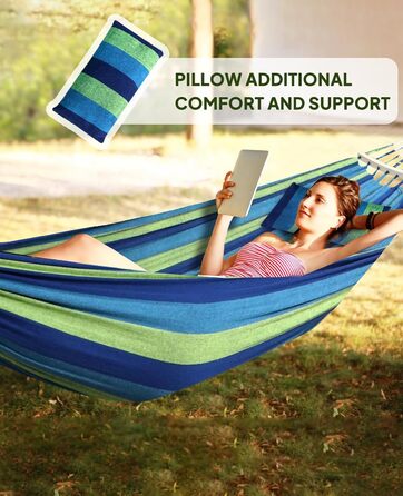 Гніздо-гамак для відпочинку з бавовни, 300x150 см, місткість до 300 кг, з кріпленнями та подушкою (блакитно-зелена смужка)