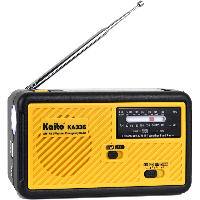 Радіо Kaito Voyager ECO KA336: AM/FM, NOAA, сонячна панель, ручне заряджання, LED-ліхтарик, USB-зарядка для телефону, жовтий