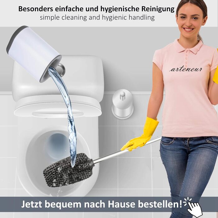 Силіконова щітка для унітазу 3 в 1 з тримачем та кріпленням на стіну, довга ручка з нержавіючої сталі, гігієнічна з ламелями та скребком - набір для ванної кімнати та гостьового WC (білий)