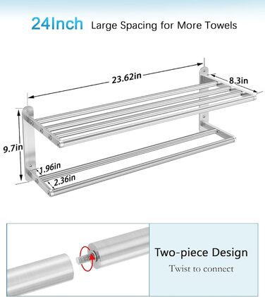 Тримач для рушників у ванну кімнату – 61 см, полиця для рушників з подвійною перекладиною, нікельована сталь, кріплення на стіну, 2-ярусний, для ванної кімнати та туалету