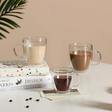 CNGLASS Double-Walled Macchiato Glasses 500ml/17oz, Large Insulated Coffee Cups Glass 1-Piece Set, Clear Coffee Glasses with Handle for Cold and Hot Drinks