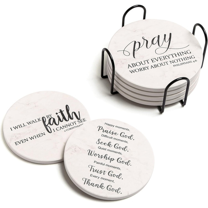 Hoomey Coasters for Drinks with Bible Verses, 6 Pack Absorbent Drink Coasters with Holder Ceramic Coasters with Cork Back for Table Protection, Christian Coasters, Christian (White)