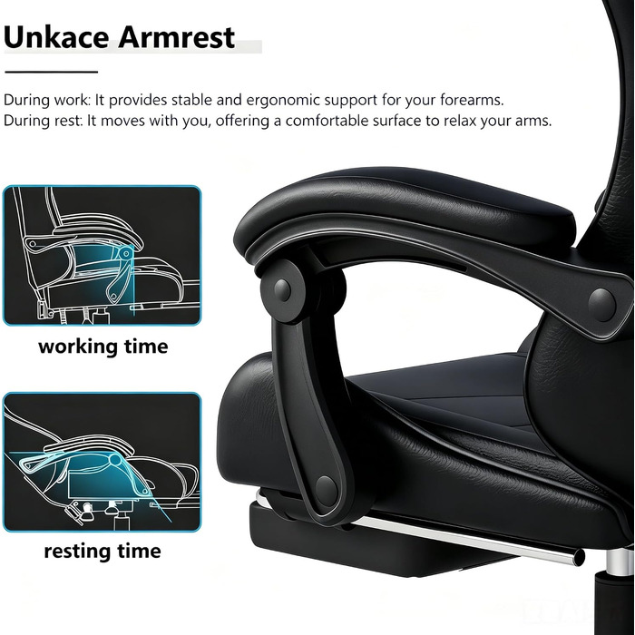 Ігрове крісло Ergonomic Gaming Chair з підніжкою, подушками під шию та поперек, 2D-підлокітниками, регулюванням висоти та поворотом на 360°, чорне