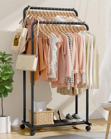 Металевий вішак для одягу на колесах - стійка для одягу з полицями, чорний