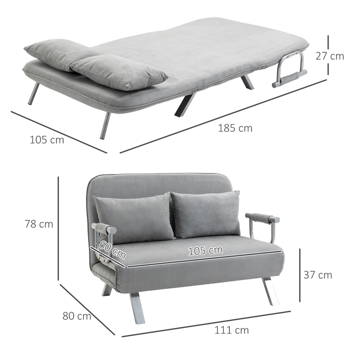 HOMCOM 2-Seater Sleeper Sofa with Bed Function & Cushion, Adjustable Sofa, up to 150kg, Light Grey | Aosom