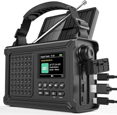 Радіо Kurbelradio на сонячній енергії та з ручним приводом | DAB/DAB+/UKW, Bluetooth 5.0 | Радіо для надзвичайних ситуацій з сонячною панеллю 8500 мм² та ручним приводом 650 мА | Портативне динамо-радіо з сонячною батареєю | Ліхтар та зарядний пристрій | 