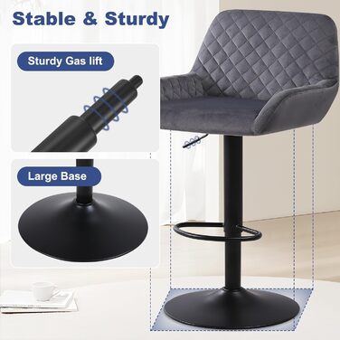 Ralex Velvet Bar Stools 2-Pack - Adjustable Swivel Bar Chairs with Backrest & Armrests for Kitchen, Bar & Counter (Gray)