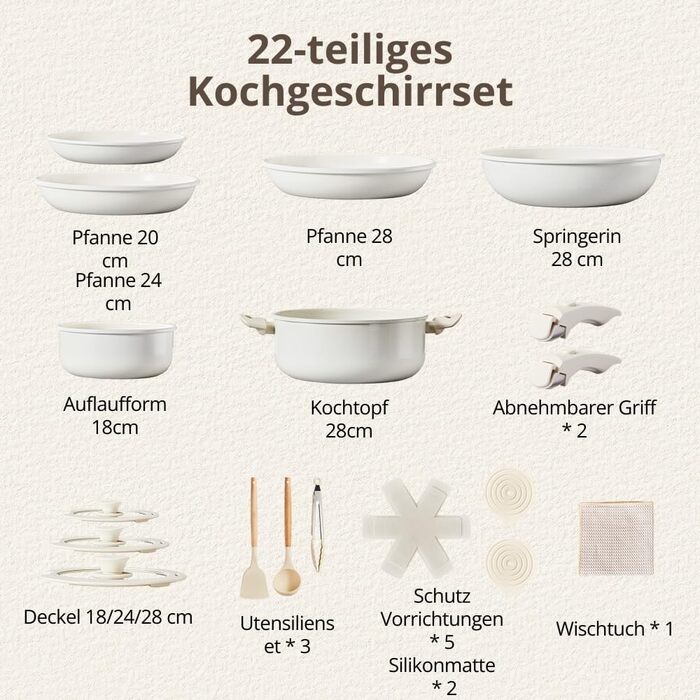 Набір каструль LEADZM з керамічним покриттям, 22 шт., для всіх плит, індукційні, без PFOA/PFOS (Бежевий)