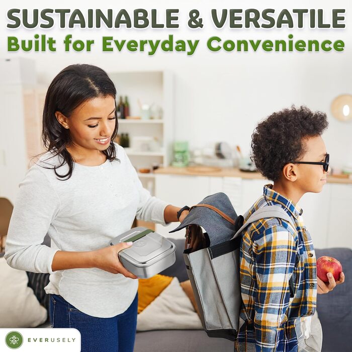 Everusely Bento Box: ланчбокс з нержавіючої сталі, 0,8 л, з контейнером для спецій та органайзером для перекусів (3 відділення)