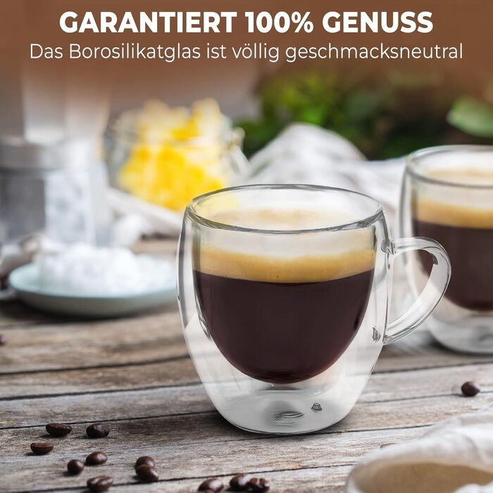 Набір еспресо-чашок Zobel 80мл (4 шт.) з подвійними стінками, з ручками з боросилікатного скла, з фетровими підставками, придатні для миття в посудомийній машині та термостійкі, ефект 