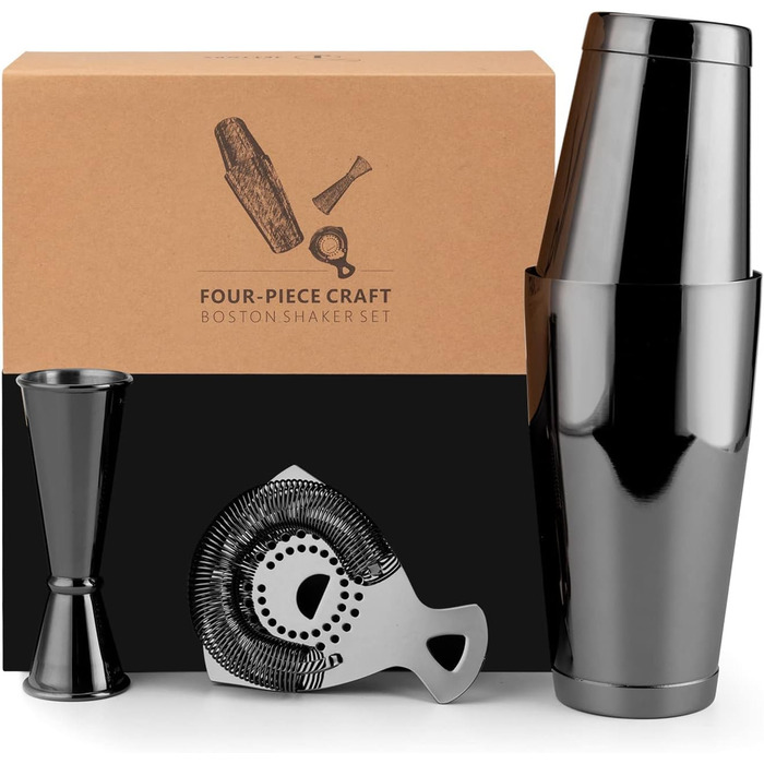 Boston Shaker Set - 4-Piece Cocktail Shaker Kit with 18/28 oz Boston Shaker Stainless Steel, Hawthorne Strainer, and Jigger, in a Stylish Gift Box - Ideal for Home Bar Use (Black).