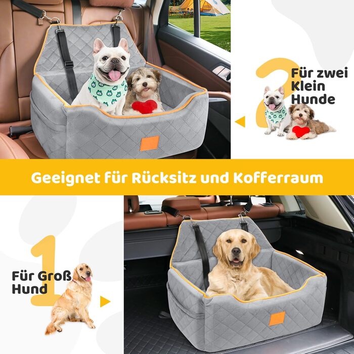 GL GLENSLAVE Dog Car Seat for Large/Medium Dogs - Elevated Pet Seat for Dogs Up to 25kg or 2 Small Dogs, Removable & Washable with Thick Cushions & Storage Pockets (Gray)