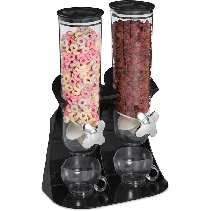 Relaxdays Double Cereal Dispenser, Cereal Dispenser for Muesli, Cornflakes, Sweets, Snack Dispenser Plastic, Black, 1 Piece
