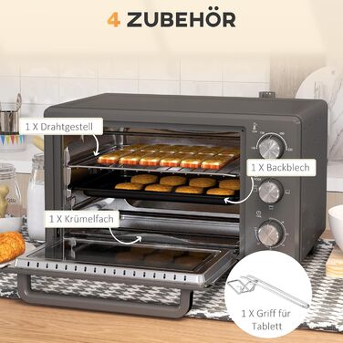 Міні-піч HOMCOM 21 л, 1400 Вт, 100-230°C, таймер, противень, решітка-гриль, вікно, піч для піци, кремово-білий (сірий)