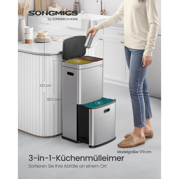 Сміттєвий відер SONGMICS PARY LTB48BK з 2 відсіками та системою Softclose, кухонний смітник з педаллю та ручками, 30 л (2х10 л), чорний