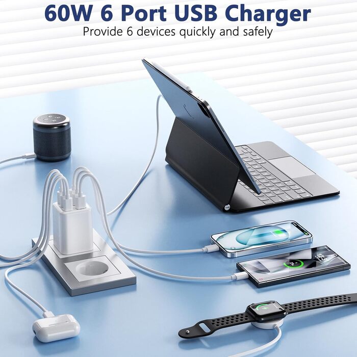 Зарядний пристрій USB-C 60W, 6 портів (3x USB-C, 3x USB-A), PD+QC швидка зарядка, адаптер живлення для iPhone 14/15/16/17, Samsung S24/S23/S22 - Білий