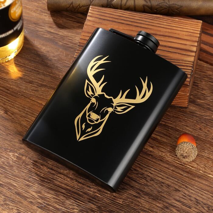 Фляга туристична 237мл з нержавіючої сталі, з воронкою та листівкою, подарункова коробка, з візерунком 'Золотий олень'