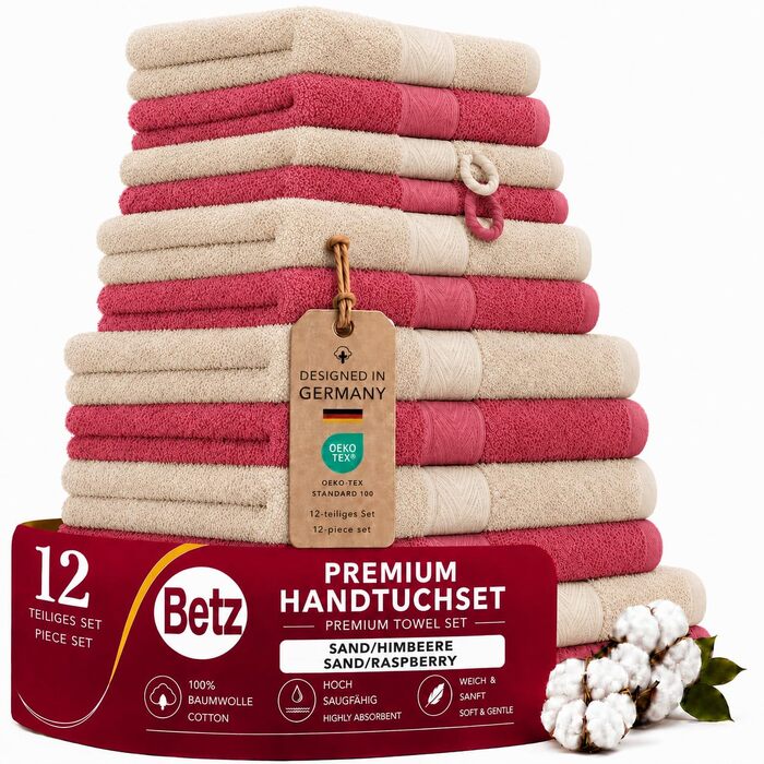 Набір рушників Betz Premium 12 предметів, 100% бавовна, сертифікація Oeko-TEX, висока щільність, колір Пісочний/Малина