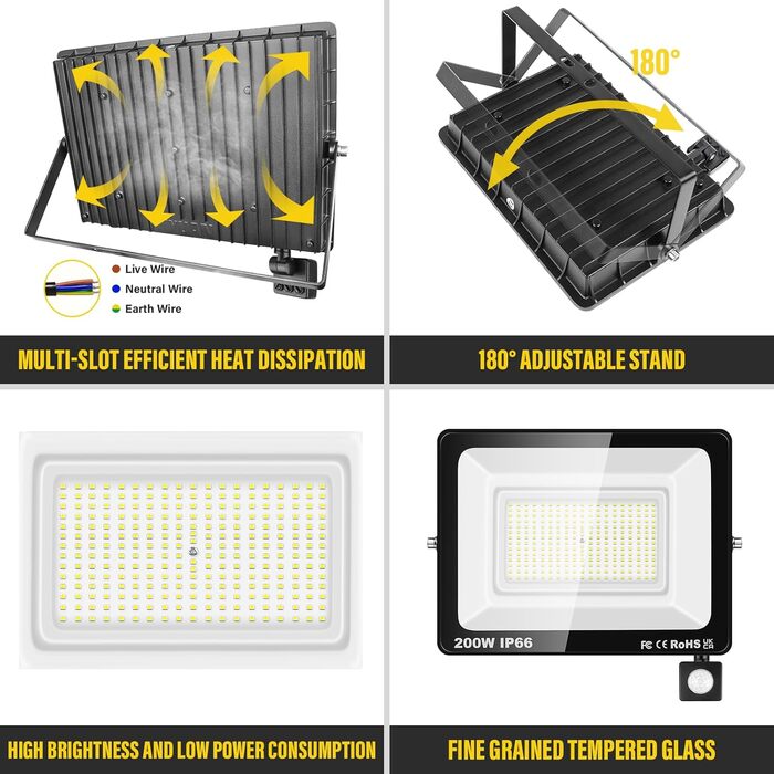 Willpower 200W 20000LM LED Floodlight Outdoor with Motion Sensor, 6000K Cool White, IP66 Waterproof LED Outdoor Floodlight, Spot Light for Garage, Hallway, Garden, Courtyards, Hotel, Sports Field
