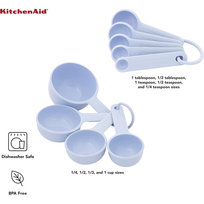 Набір мірних кухлів і ложок KitchenAid, 9 предметів, універсальні, з м’якою ручкою, для точної кулінарії, легке зчитування, отвір для підвішування, можна мити в посудомийній машині