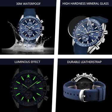 Годинник чоловічий Benyar з хронографом, кварцовий, водостійкий 30M, з датою, для активного відпочинку, спортивний, шкіряний, з гумовим ремінком, срібний, блакитний