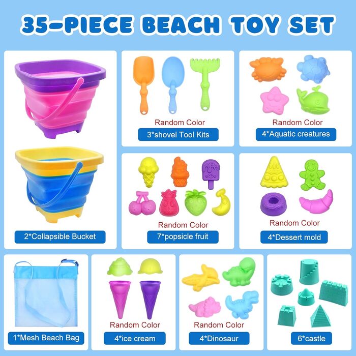 HOVIBU Beach Sand Toy for Kids, 35 Piece Beach Toy Set with Sand Shovel, Folding Bucket, Sand Molds, Mesh Bag Beach, Sandbox Toy Gifts for 3+ Years Girls Boys