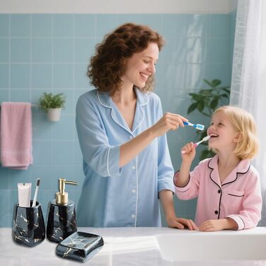 Набір аксесуарів для ванної кімнати XUDREZ з малюнком мармуру, кераміка, набір з 3 предметів: дозатор для лосьйону, стаканчик для зубних щіток, мильниця, чорний глянцевий, преміум якість