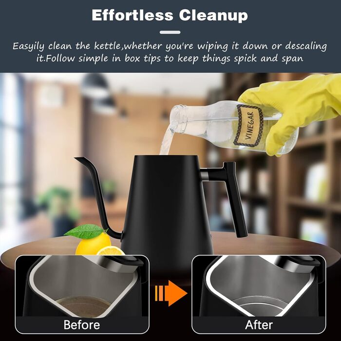 Електричний чайник-заварник зі сталевим гусячим носиком, 1л, 1200Вт, з регулюванням температури та функцією підігріву 24 години, чорний