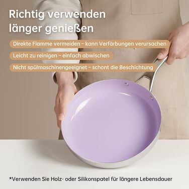 Набір сковорідок з антипригарним керамічним покриттям Tjean (без PTFE, PFOA, PFAS) з нержавіючою ручкою, підходить для індукційних, газових, електричних плит та духовки до 280°C (фіолетовий, 26 см)
