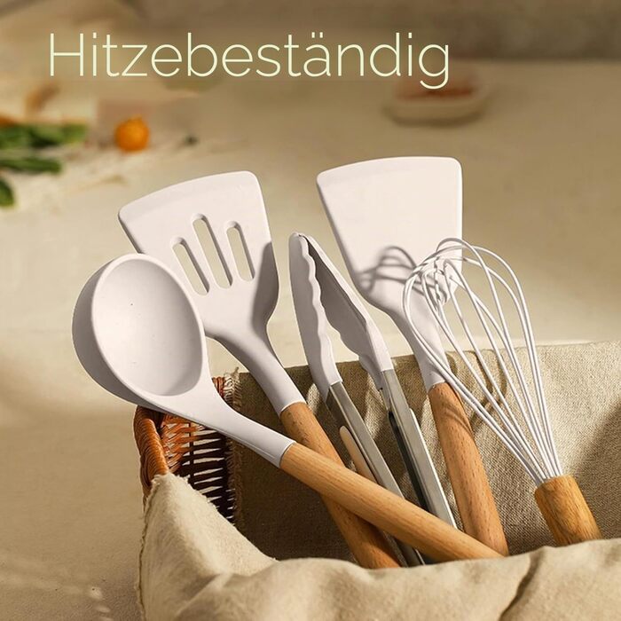 Набір кухонного приладдя Umite Chef (33 предмети), антипригарне силіконове покриття, дерев'яна ручка, хакі