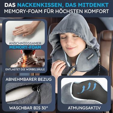 Подушка для шиї Comfy від HELDENWERK для подорожей: Memory Foam, 6-позиційне регулювання, для автомобіля та літака, дихаюча, миється, сірий