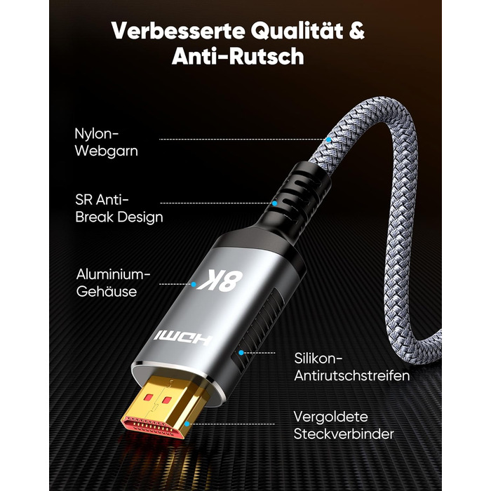 HDMI кабель Highwings 8K 3 метри, HDMI 2.1, 48Gbps, Ultra Highspeed, 8K@60Hz, 4K@120Hz, HDR10, eARC, DTS:X, 3D, HDCP 2.2/2.3, сумісний з PS5/PS4/PS3, HDTV, Blu-ray Player