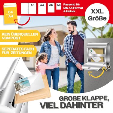 Поштовий ящик настінний KESSER® XXL нержавіюча сталь срібний з газетницею, замок + 3 ключі, вологостійкий, порошкове покриття