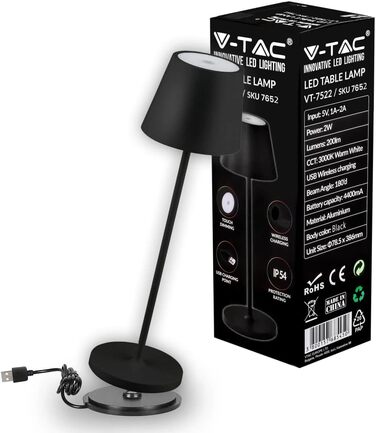 LED-лампа настільна V-TAC VT-7522 чорна з бездротовим живленням, сенсорне керування, акумулятор 4400 mAh, IP54, 3000K, 2W (для дому та вулиці)
