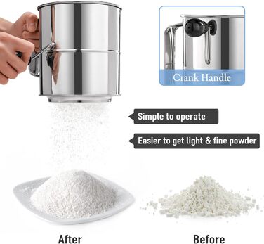 Flour Sifter - 5 Cup Fine Mesh Hand Crank Sifter Stainless Steel with Whisk Wire Loop for Baking, Powdered Sugar Dusting Set