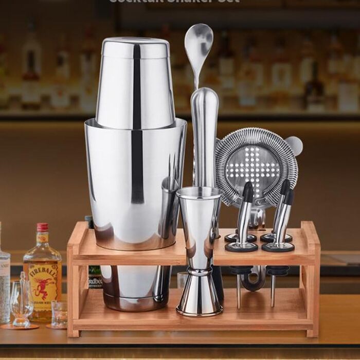 Набір для коктейлів 10 предметів з нержавіючої сталі: шейкер, міксер, дерев'яна підставка, аксесуари бармена (мірний стакан, ложка, наливка) для приготування напоїв вдома, барі, на вечірці