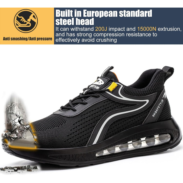 Черевики безпеки робочі чоловічі та жіночі S3, легкі, зі сталевим підноском, неслизькі, дихаючі, спортивні, робочі кеди (39 EU, чорний сріблястий)