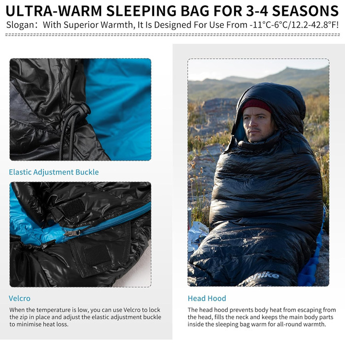 Спальний мішок Naturehike 750FP, 4-сезонний, теплий зимовий, ультралегкий, компактний, з компресійним мішком, CW400-Чорний-L
