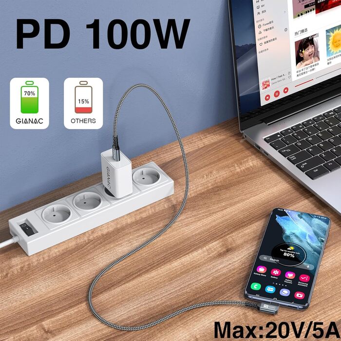 Кабель USB-C на USB-C 2M, 100W, 5A, з E-Mark чіпом для Macbook, iPad, Samsung, Huawei