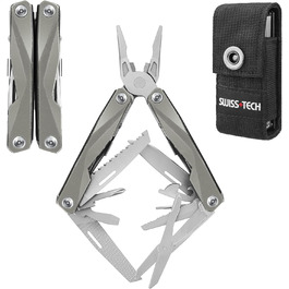 Мультитул Swiss+Tech 16-в-1: мультиінструмент з нержавіючої сталі з ножем, пилкою, ножицями, відкривачкою для пляшок, для кемпінгу, відпочинку на природі, ремонту, з чохлом, вінтажний зелений (ретро-сірий)