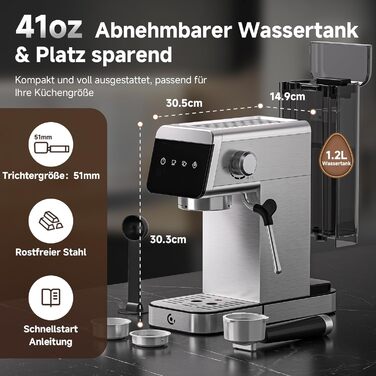 AMZCHEF Siebträgermaschine 20 Bar with LED Display Home 2-in-1 Espresso Machine with 1.2L Detachable Tank for Home Gifts, Compact Stainless Steel Latte Machine, 1350W