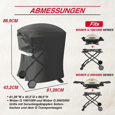 Водонепроникний чохол для гриля Weber Q100/Q200/Q1000/Q2000/Q1200/Q2200 з візком, 81x43x89 см, UV-захист, заміна для моделей 50060001, 51060001, 54060001