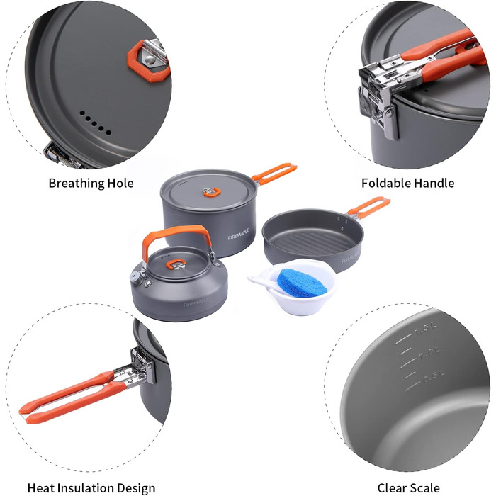 Набір кухонного посуду для кемпінгу Fire-Maple Feast 2: каструля, чайник, сковорода, миски та лопатка для 1-3 осіб (Помаранчевий)