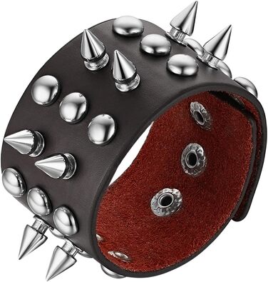 Чоловічий широкий браслет з натуральної шкіри JewelryWe Punk Rock: стильний аксесуар для байкерів та шанувальників панк-року. Регульований, чорний/коричневий, з заклепками та ланцюгом.